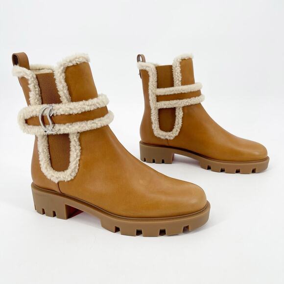 Christian Louboutin Tan Beige CL Chelsea Booty Lug Shearling Ankle Boots EU 39.5 - Picture 2 of 14